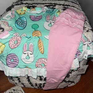 Birdie Bean Girls' Mint Green Bunny & Donut Pajama Set with Pink Ruffle Leggings